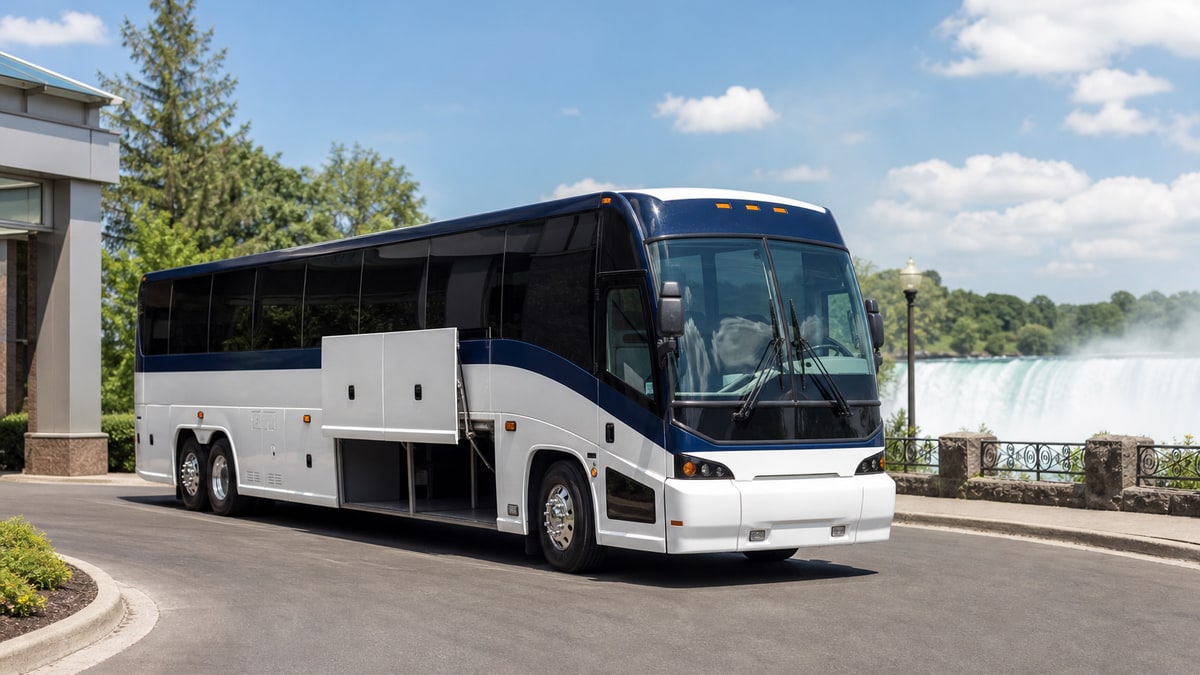 White and navy charter coach for larger Niagara Falls tour groups
