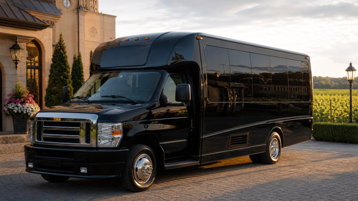 Black luxury shuttle parked at an upscale Niagara tour pickup location