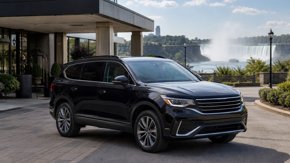 Black small-group SUV parked near Niagara Falls for private tours